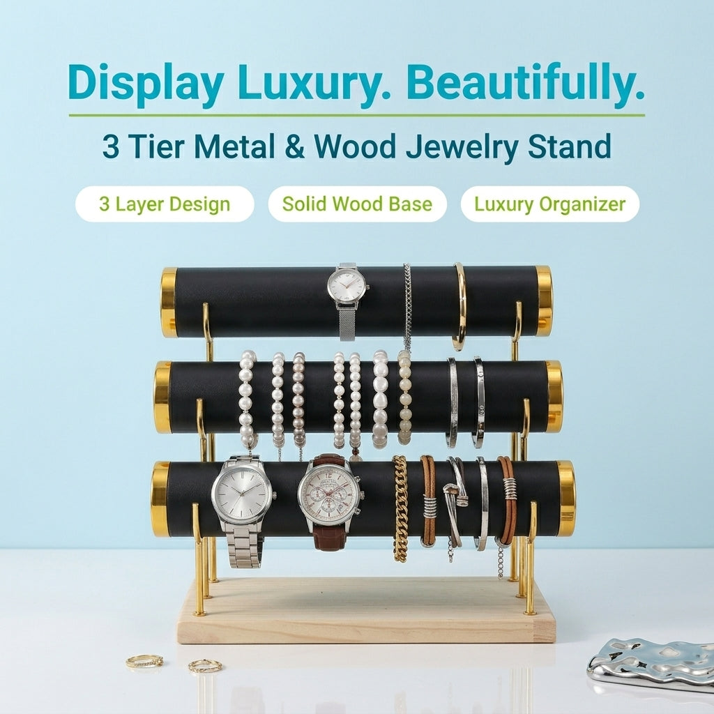 JOYSO™ 3 Tier Metal & Wood Bracelet Watch Display Stand