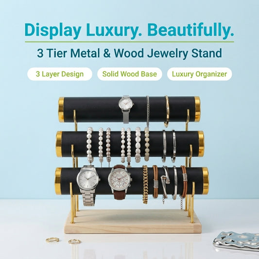 JOYSO™ 3 Tier Metal & Wood Bracelet Watch Display Stand