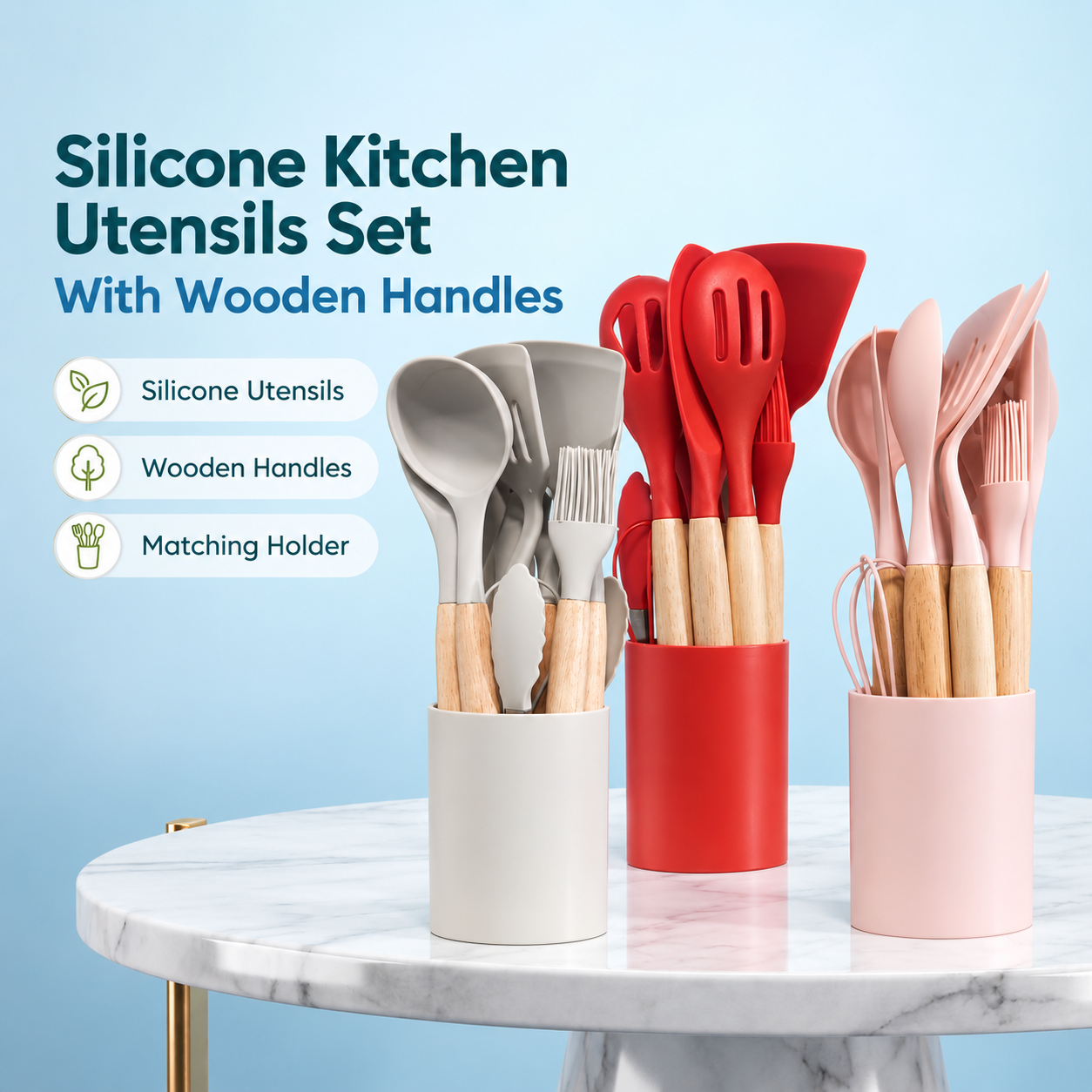 Silicone Kitchen Utensils Set with Wooden Handles & Holder